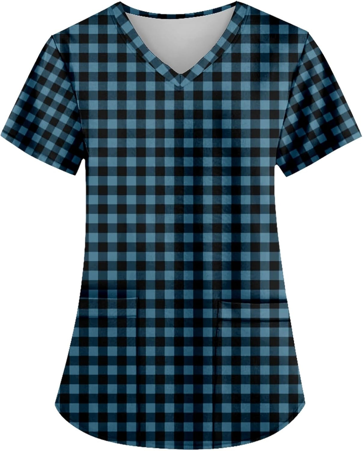 AMOMA Women's V-Neck Checkered Argyle Plaid Print Nurse Tops Short Sleeve Scrub Shirts with Two Pockets - Checkered Blue