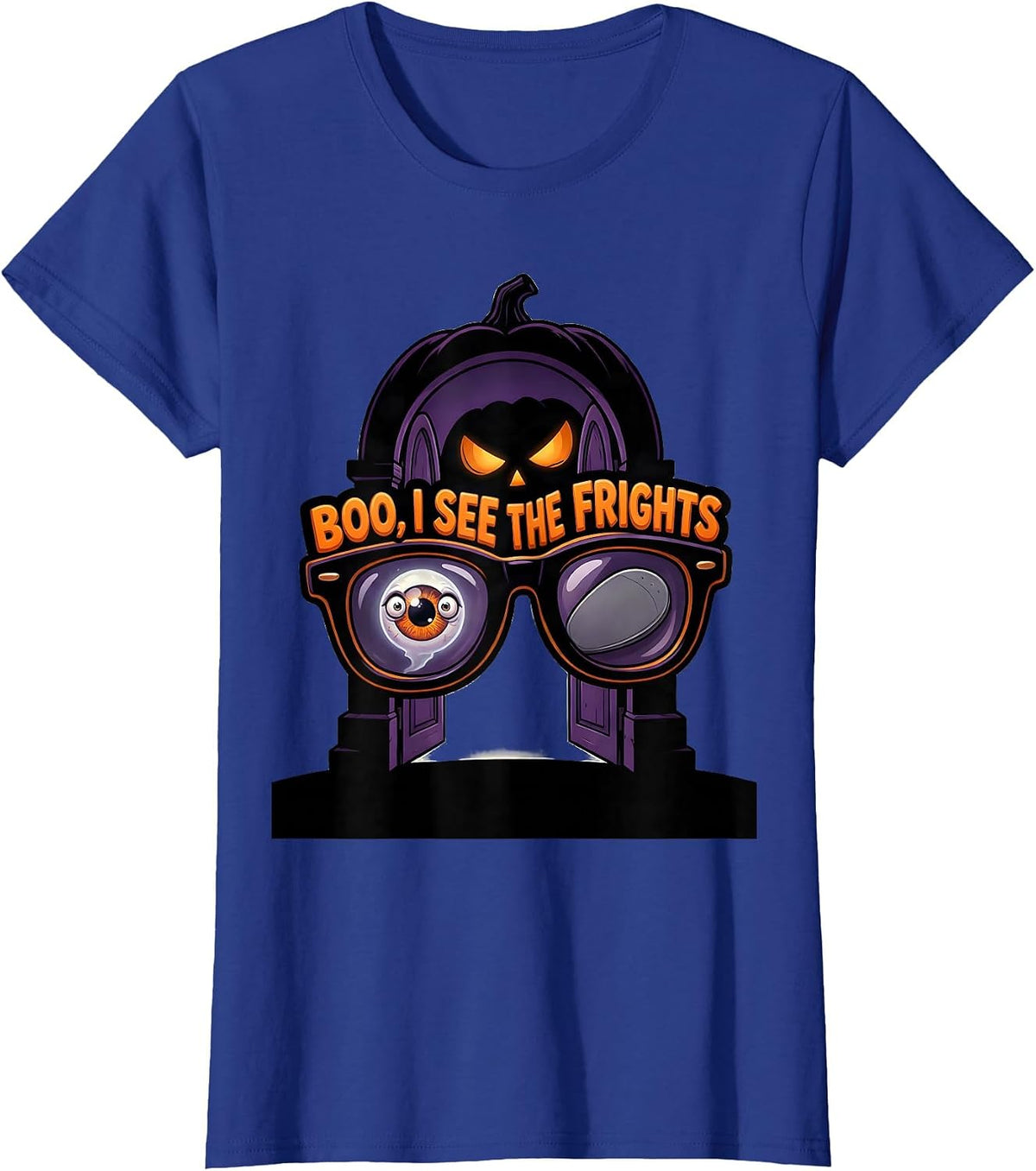 Women's Boo I See The Frights Cartoon Halloween Optometrist Eye T-Shirt - Royal Blue