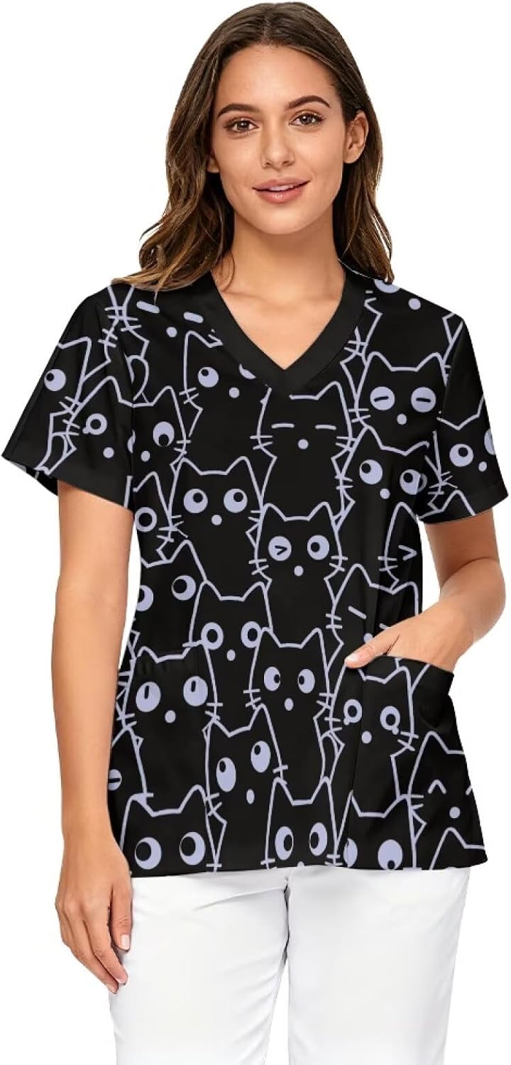 Scrub Tops for Women Plus Size V Neck Short Sleeve Shirt Nursing Medical Uniform with Pockets - Cats