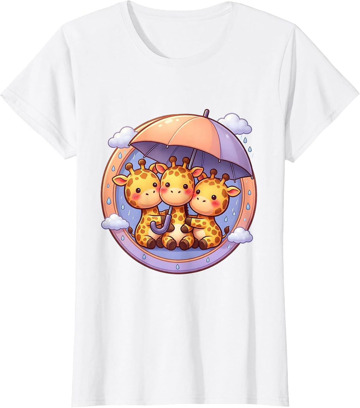 Three Giraffes Sharing an Umbrella Illustration T-Shirt - White