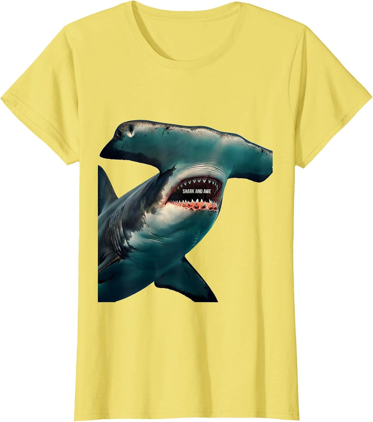 Shark And Awe Midcentury Modern Ocean Animal Humor Novelty T-Shirt - Lemon Yellow