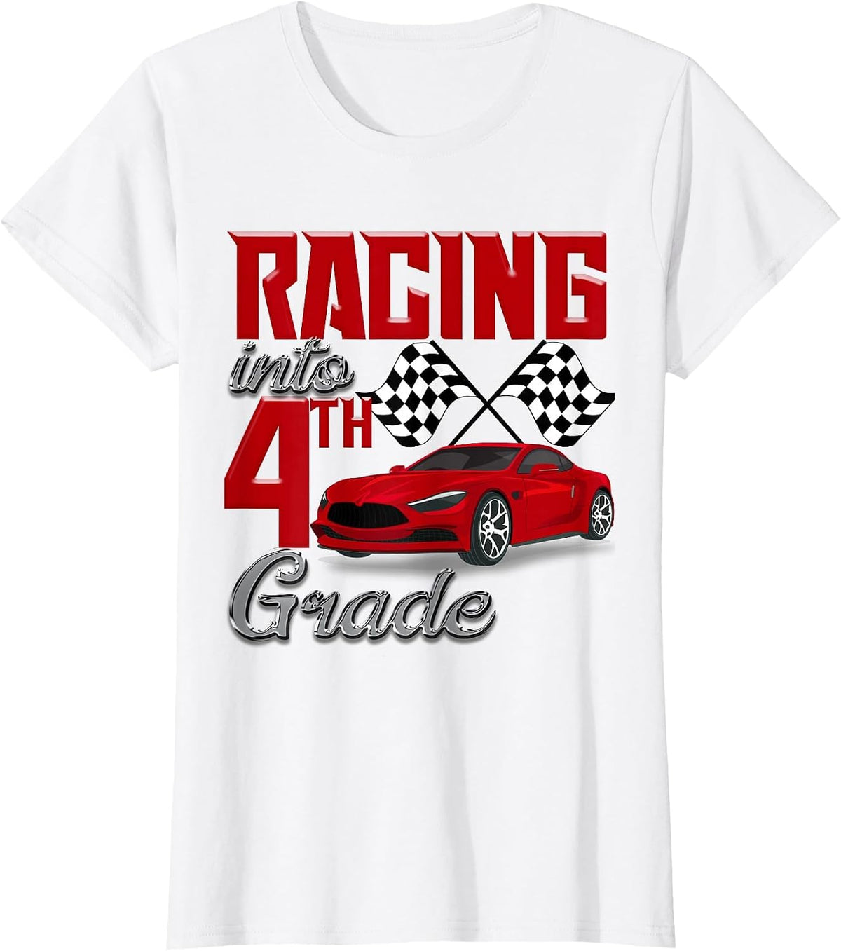 Racing Into 4th Grade Race Car School Kids Checker Flag Boys T-Shirt - White