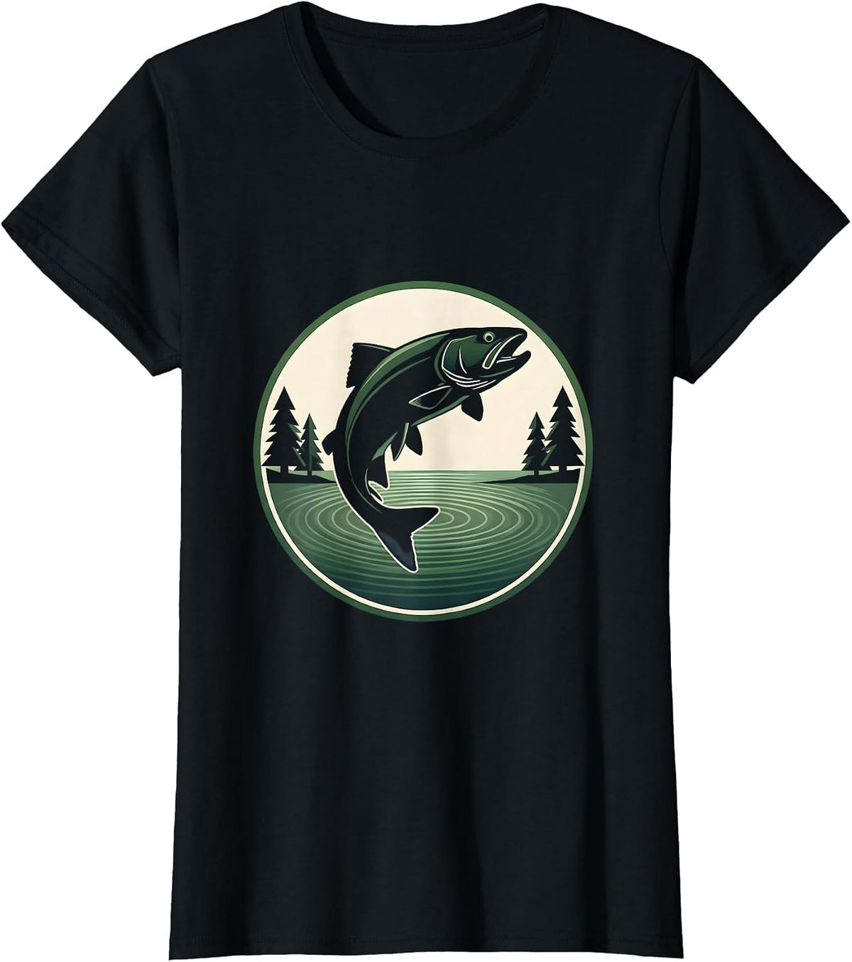 Trout Jump Pine Trees Fishing Illustration T-Shirt - Black