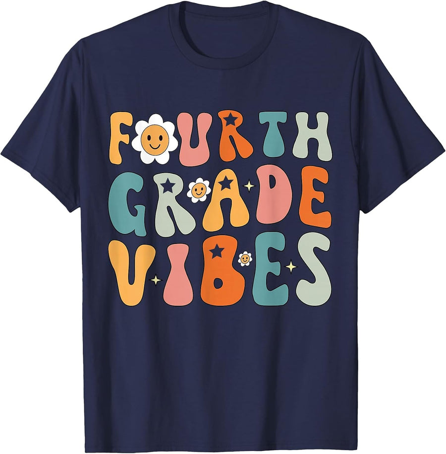 Fourth Grade Vibes, 4th Grade Team Retro 1st Day of School T-Shirt - Navy Blue