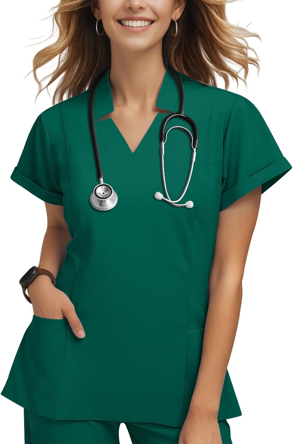 Women's Collared V-Neck Scrub Top, Short Sleeve Stretch Medical Uniform - Hunter Green