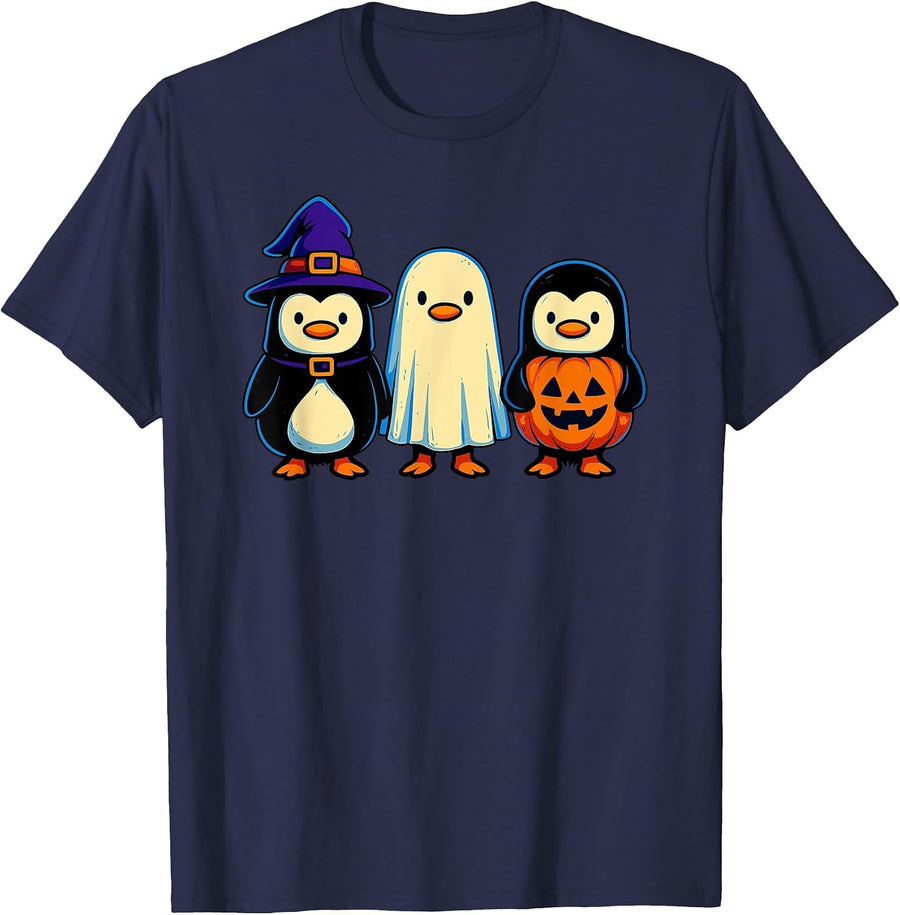 Penguin Witch Ghost Pumpkin Men Women Kids Funny Halloween T-Shirt - Navy Blue