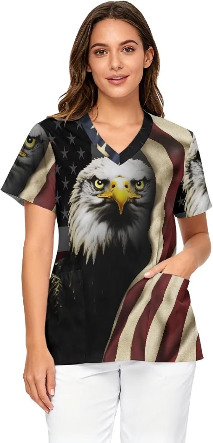 PinUp Angel Unique Graphic Scrub Tops Women's V-Neck Short Sleeve Workwear for Nursing and Clinical Tasks - American Flag
