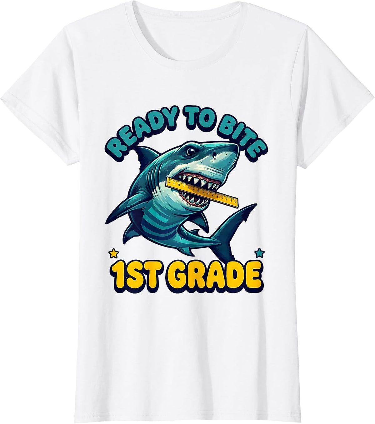 Women's Ready To Bite 1st Grade Bold Bubbly Shark Back To School T-Shirt - White