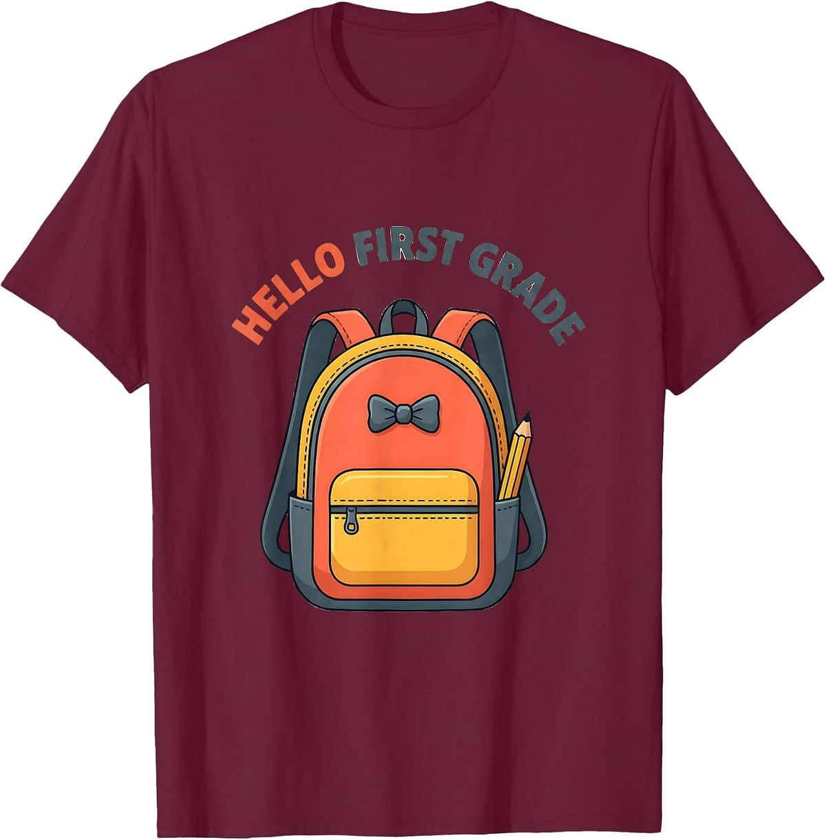 Hello First Grade Cute Coquette Back to School Pencil Bow T-Shirt - Burgundy
