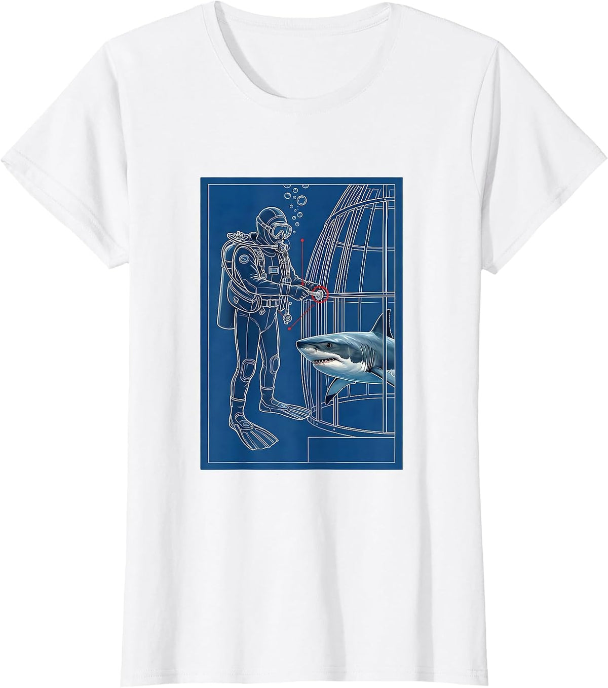 Diver Shark Cage Technical Blueprint Scuba Diving Gift T-Shirt - White