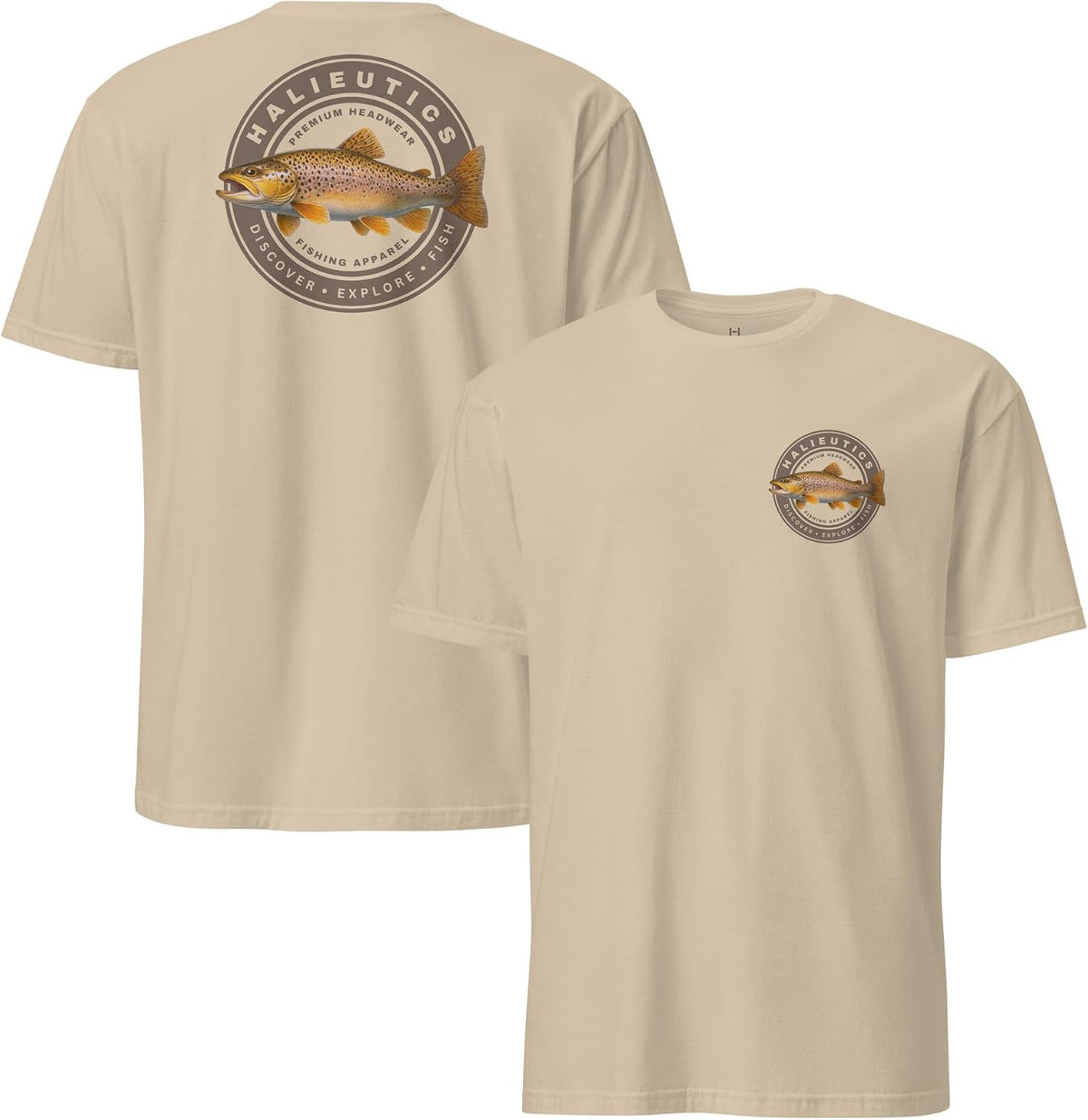Graphic Fishing T-Shirt for Men & Women Mahi, Sailfish, Largemouth Bass, Brown Trout, Hogfish, Peacock Bass - Brown Trout