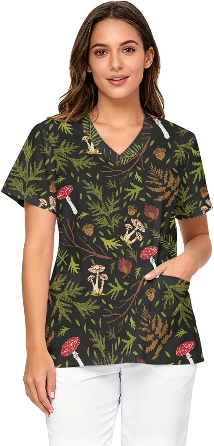 PinUp Angel Unique Graphic Scrub Tops Women's V-Neck Short Sleeve Workwear for Nursing and Clinical Tasks - Green Leaves Red
