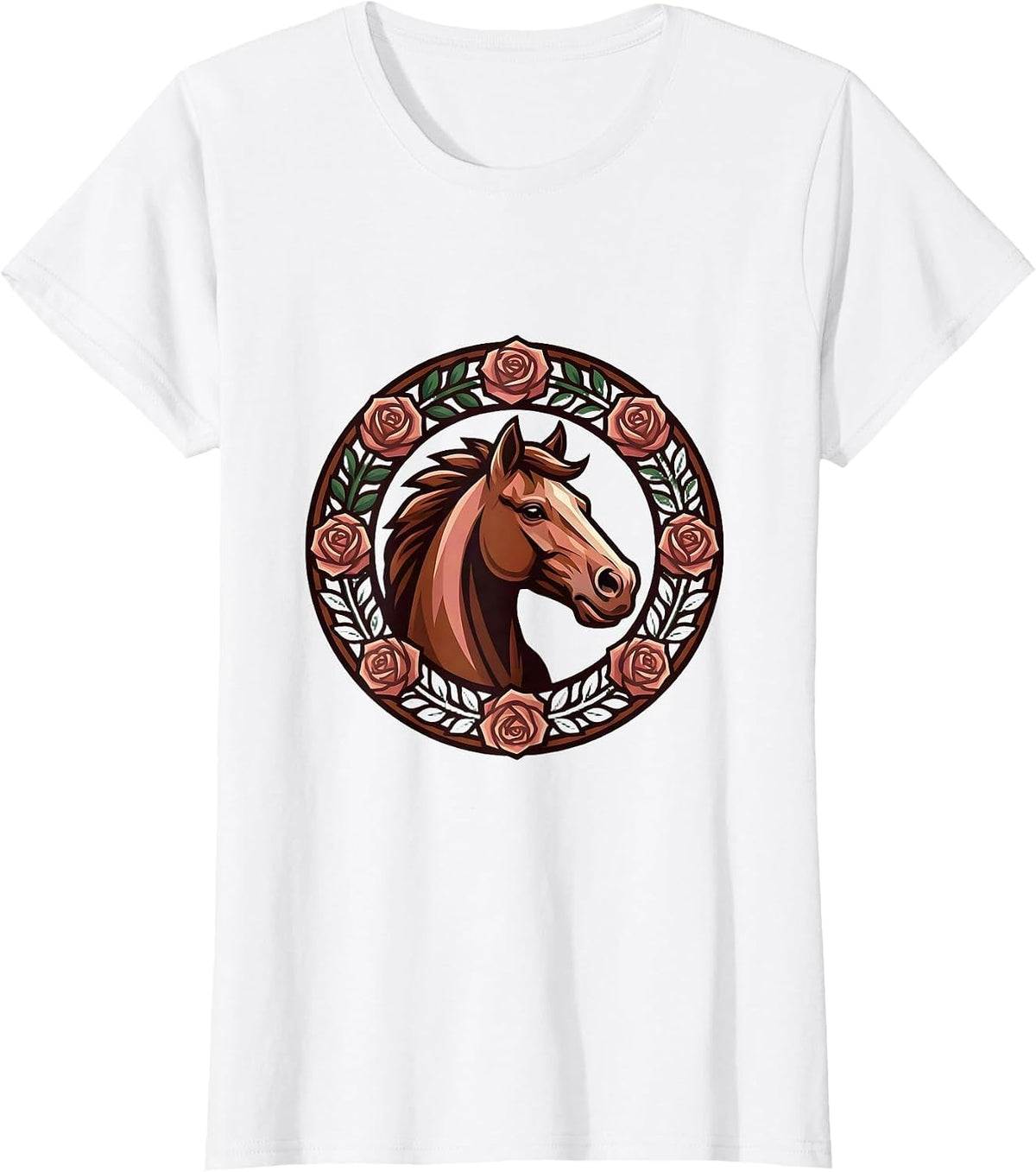 Women's Horse Head Floral Wreath Illustration Design T-Shirt - White