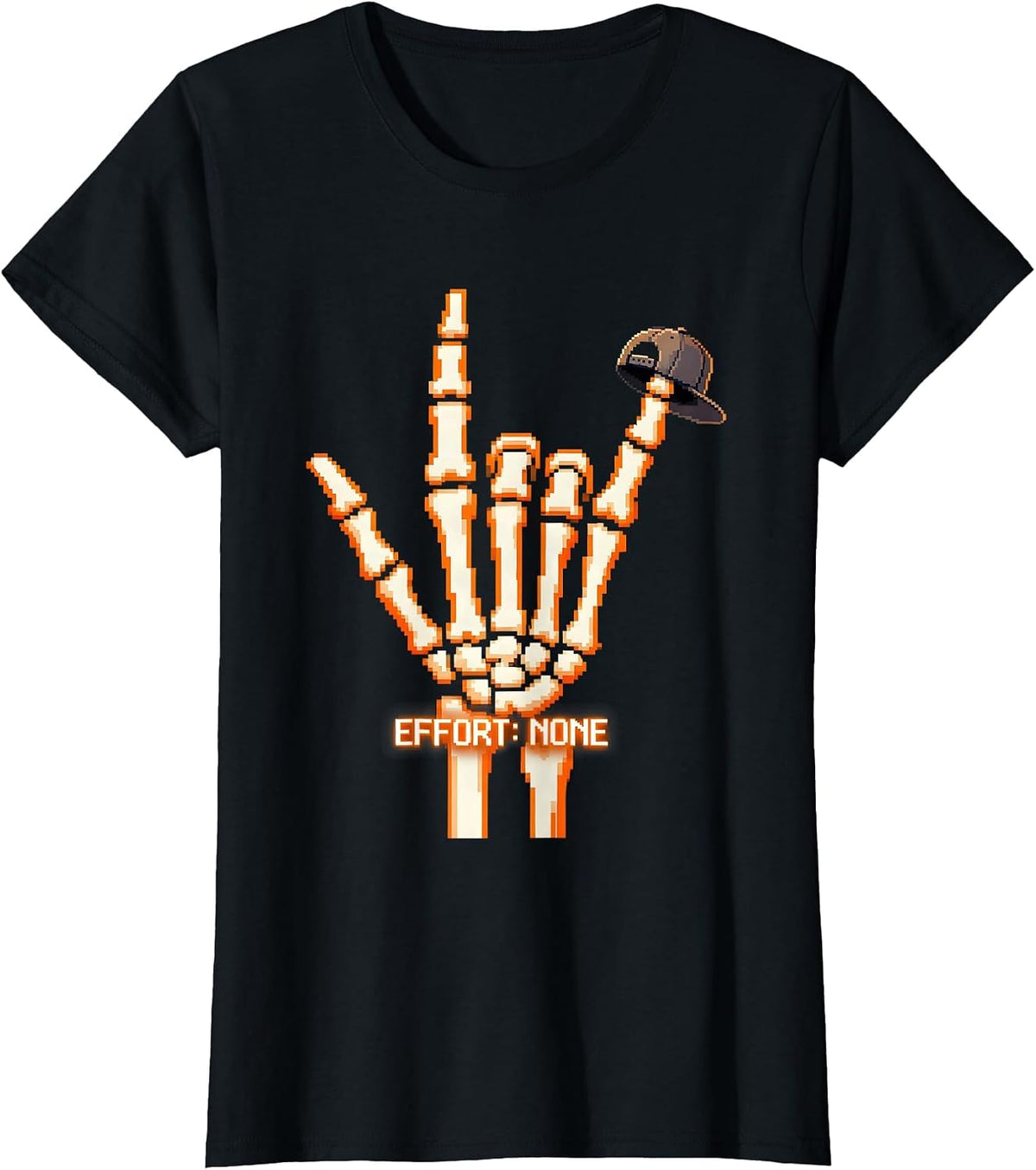 Women's Effort: None Pixel Art Skeleton Rock On Halloween Humor T-Shirt - Black