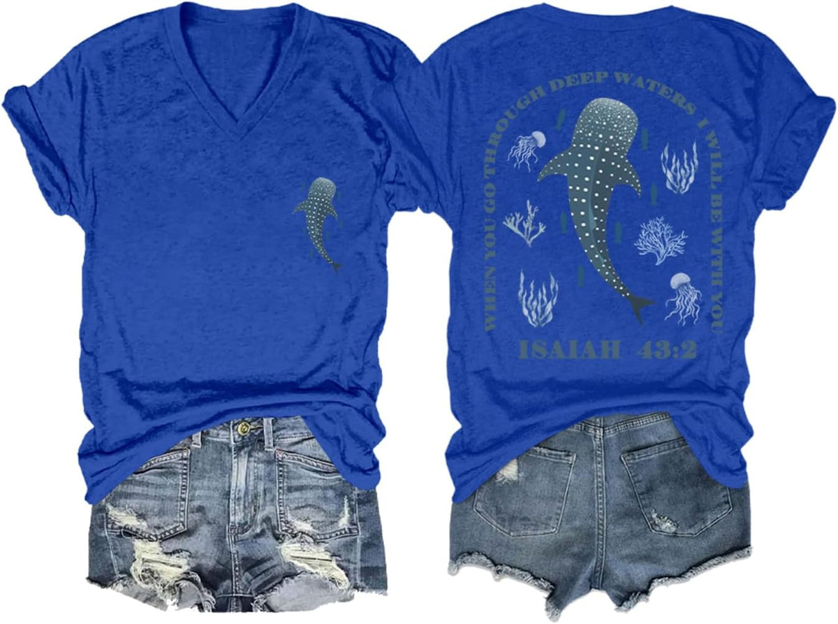 Whale Ocean Shirt Whale Shark Christian T-Shirt Animal Shark Lover Ocean Nature Women's Men's Tees Tops - V-Neck Sapphire