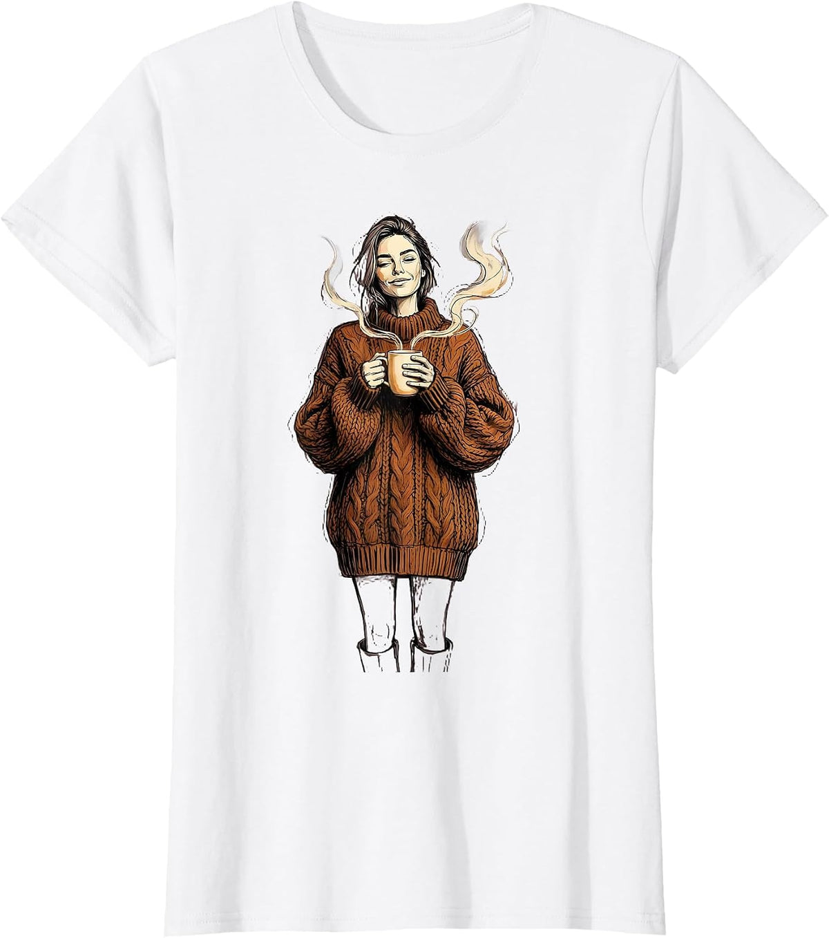 Cozy Fall Knit Sweater Steaming Mug Illustration T-Shirt - White