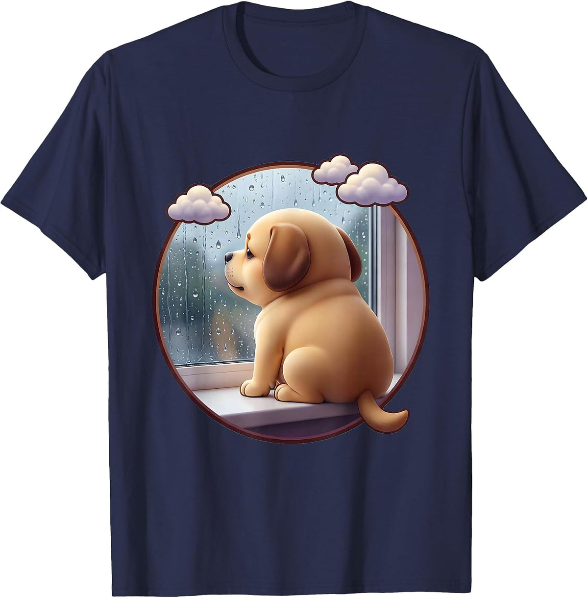 Unbothered Dog Rainy Window Graphic T-Shirt - Navy Blue