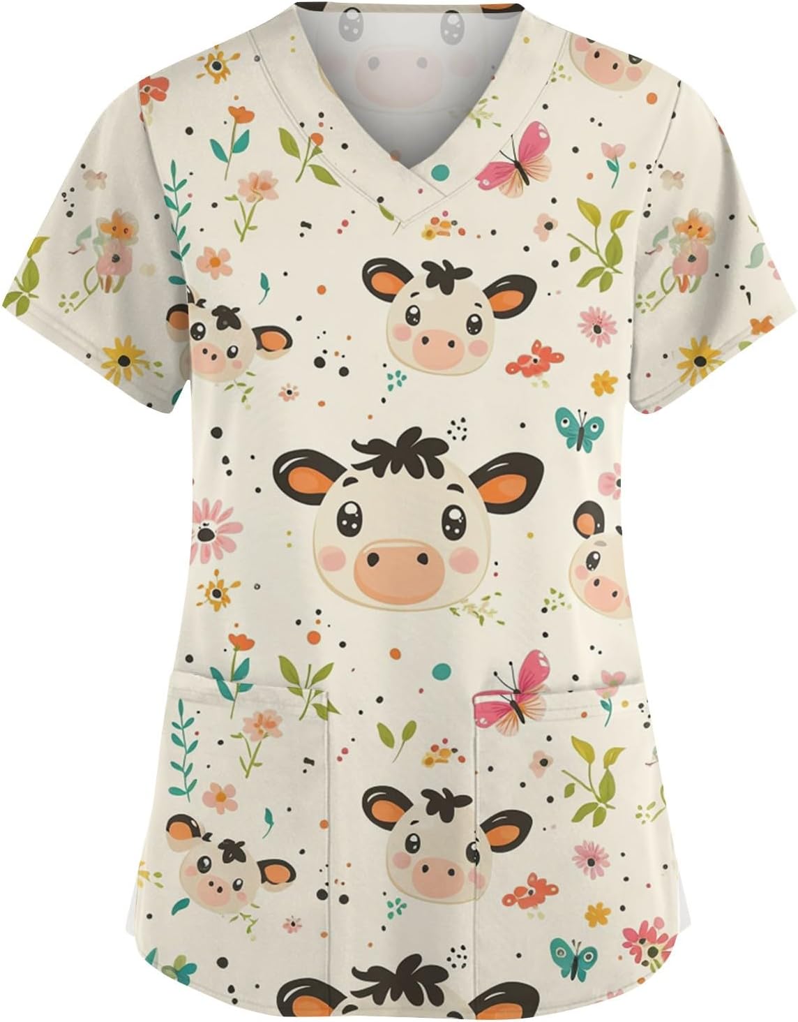 Halloween Scrub Tops for Women V Neck Pumpkin Printed Uniform with Pockets - #00-beige