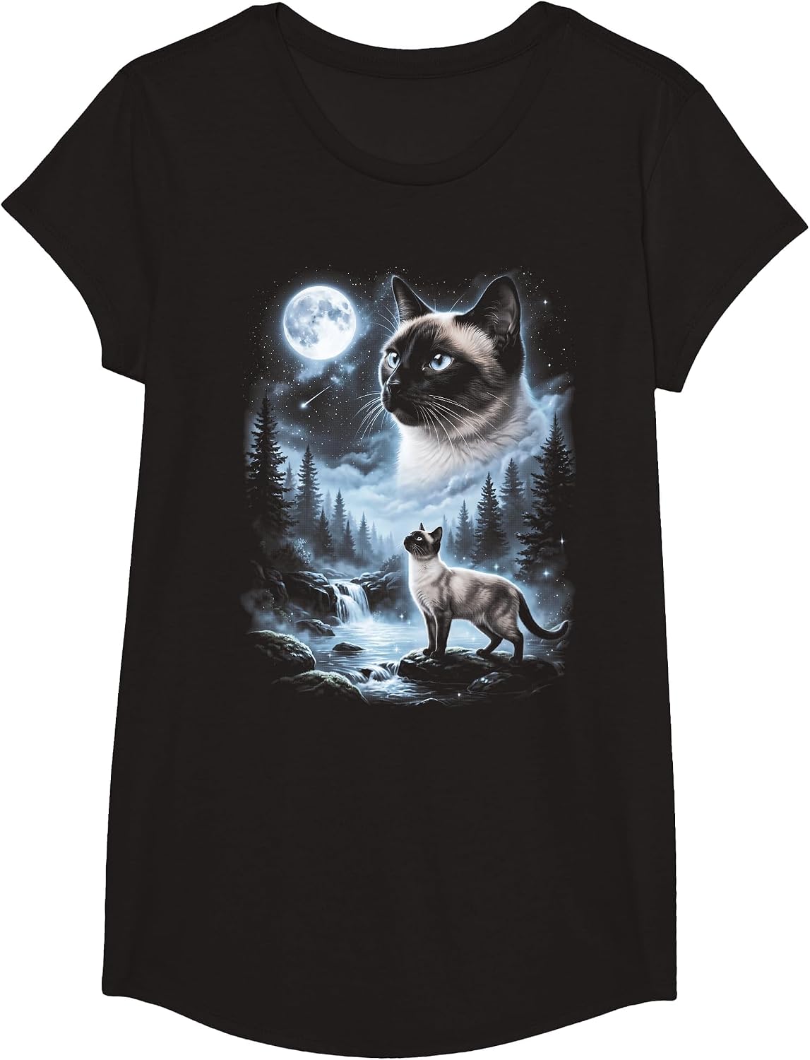 Siamese Cat Howling at Moon 90's Retro T-Shirt - Girls Black
