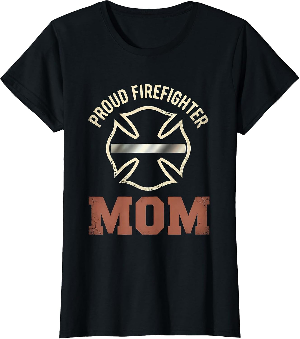 Proud Firefighter Mom Distressed Thin Red Line Maltese Cross T-Shirt - Black