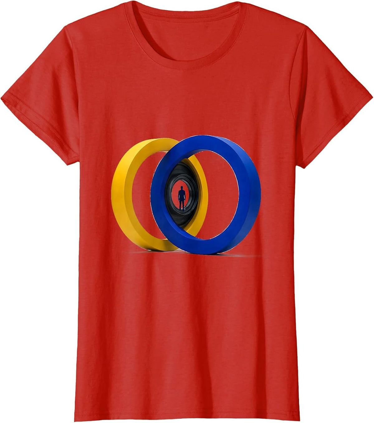 Women's Yellow and Blue Open Rings Down Syndrome Awareness Support T-Shirt - Red