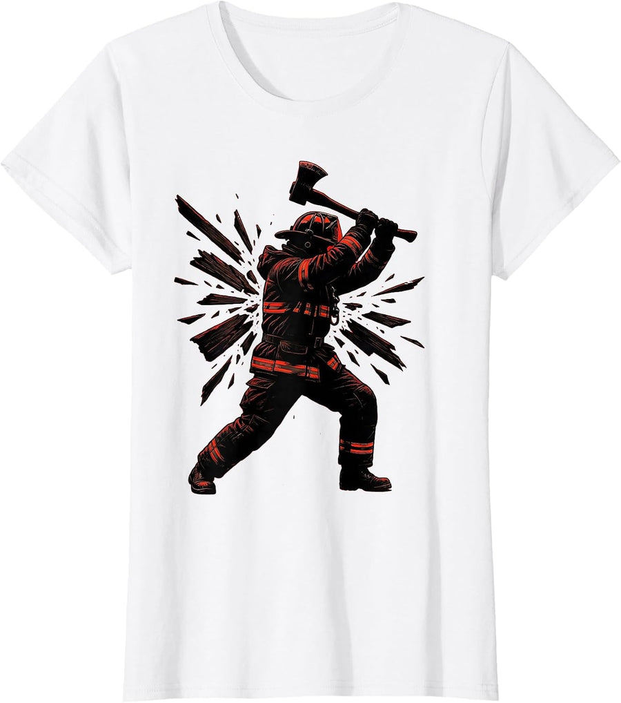 Women's Firefighter Breaching Door With Axe Graphic T-Shirt - White