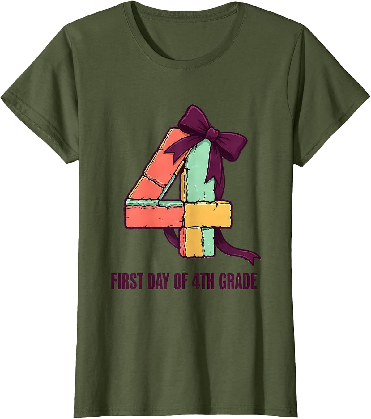 Women's First Day Of 4th Grade Cute Coquette Bow Back To School T-Shirt - Olive Green
