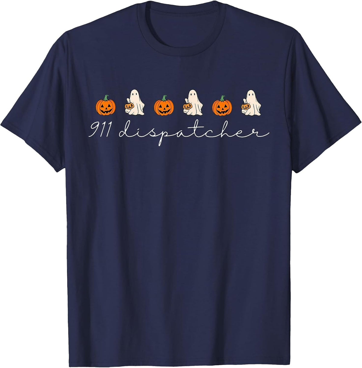 911 Dispatcher Pumpkin Spooky Ghost Halloween Dispatch T-Shirt - Navy Blue