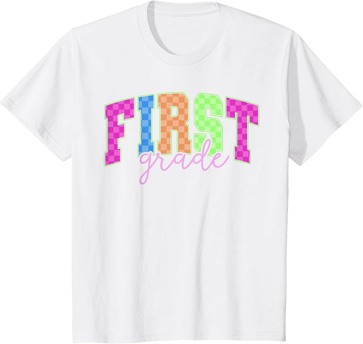 Back to School Neon Checkered First Grade, Colorful Teacher T-Shirt - White