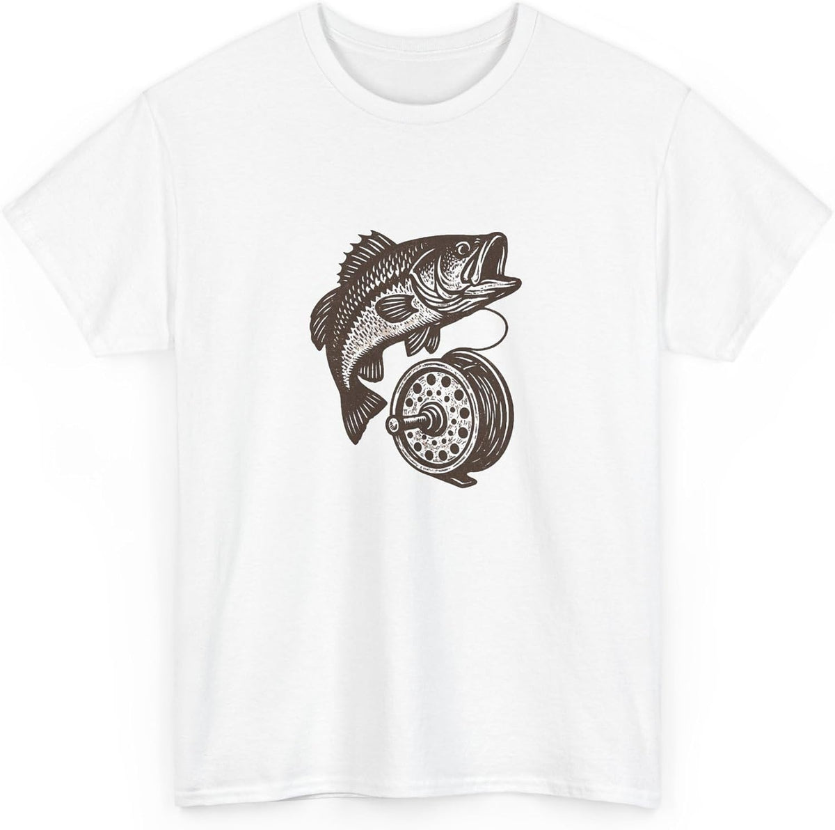 Vintage Fly Fishing Reel Bass T-Shirt Retro Angler Club Woodcut Graphic Tee Outdoor Fisherman Gifts for Men Women - White