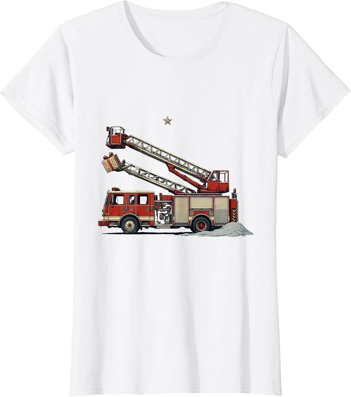 Women's Fire Engine Ladder Rescue Distressed Firefighter Christmas T-Shirt - White
