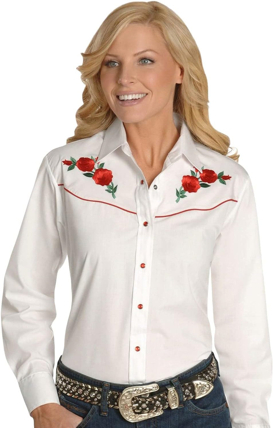 ELY CATTLEMAN Women's Long Sleeve Western Shirt with Red Rose Embroidery - White