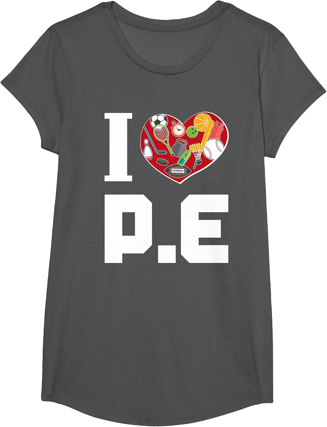 I Love P.E. t-Shirt for Gym Teachers. T-Shirt - Girls Asphalt Grey