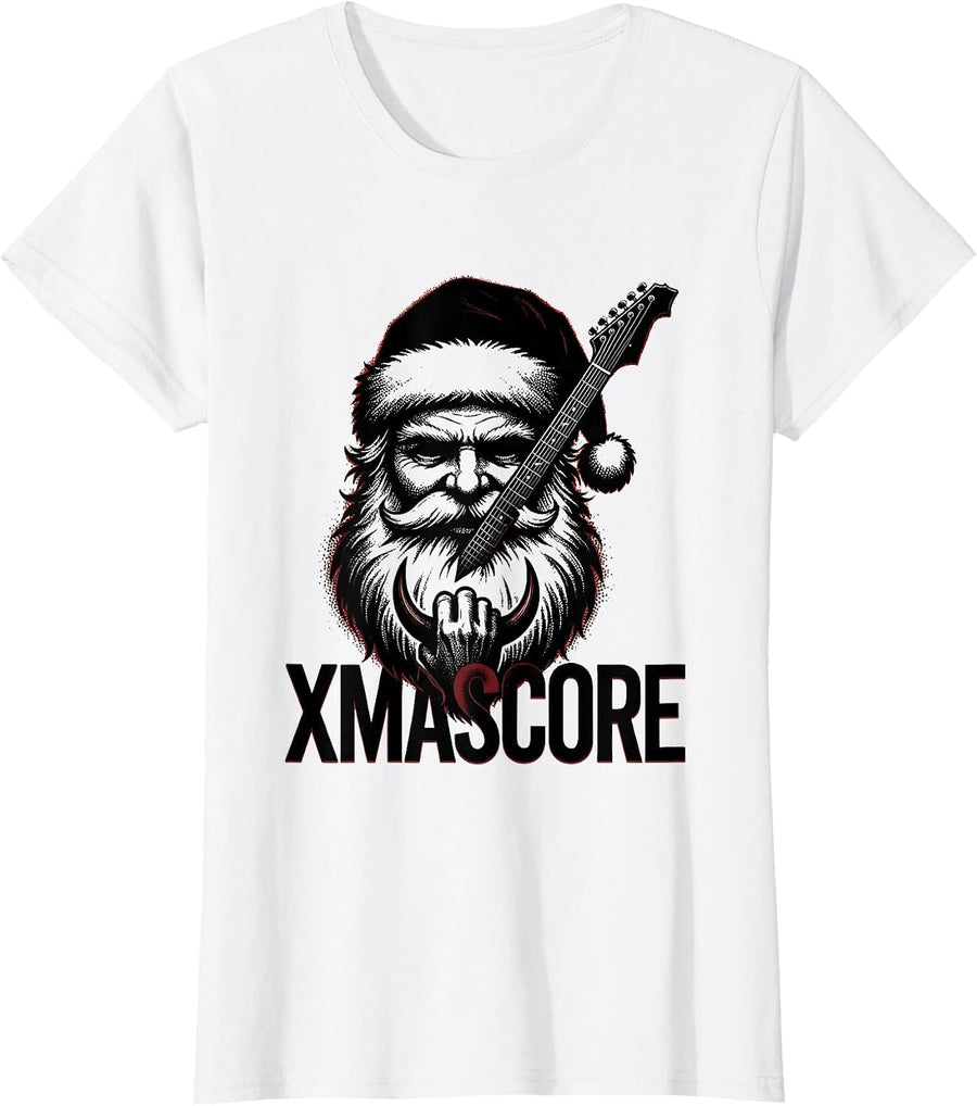 Women's Xmascore Blackwork Dotwork Rock Metal Santa Guitarist T-Shirt - White