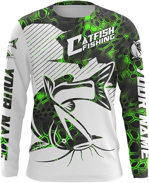 Custom Catfish Long Sleeve Tournament Fishing Shirts, Catfish Fishing Jerseys | Green Camo - Long Sleeves Upf