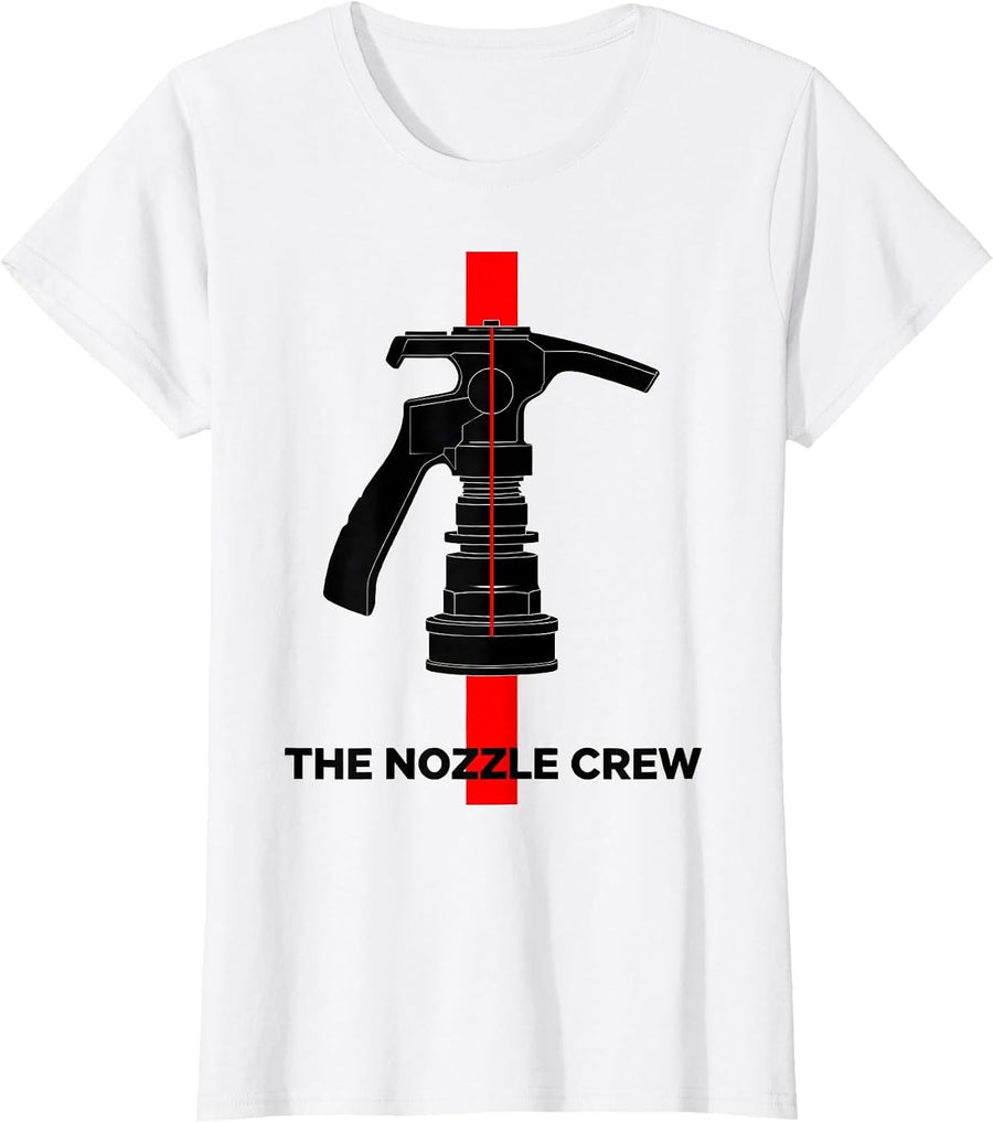 Women's THE NOZZLE CREW Minimalist Firefighter Humor Tribute Gift T-Shirt - White