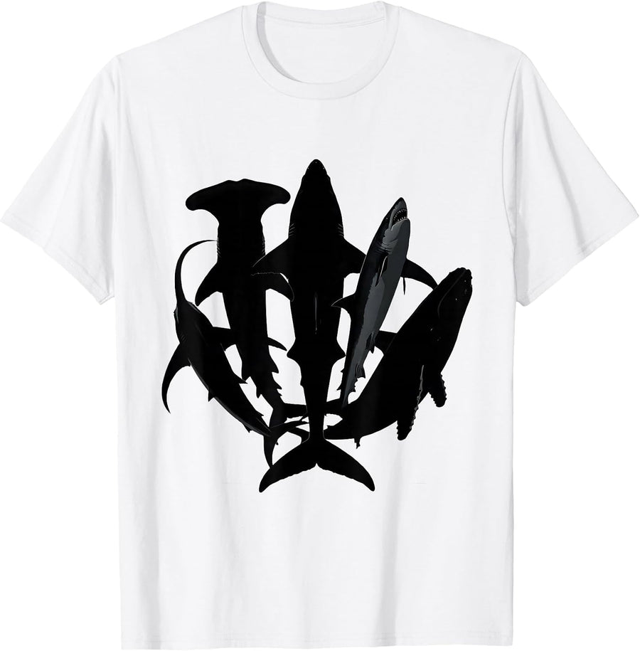 Men's Shark Silhouettes Ocean Wildlife Marine Animal Humor T-Shirt - White