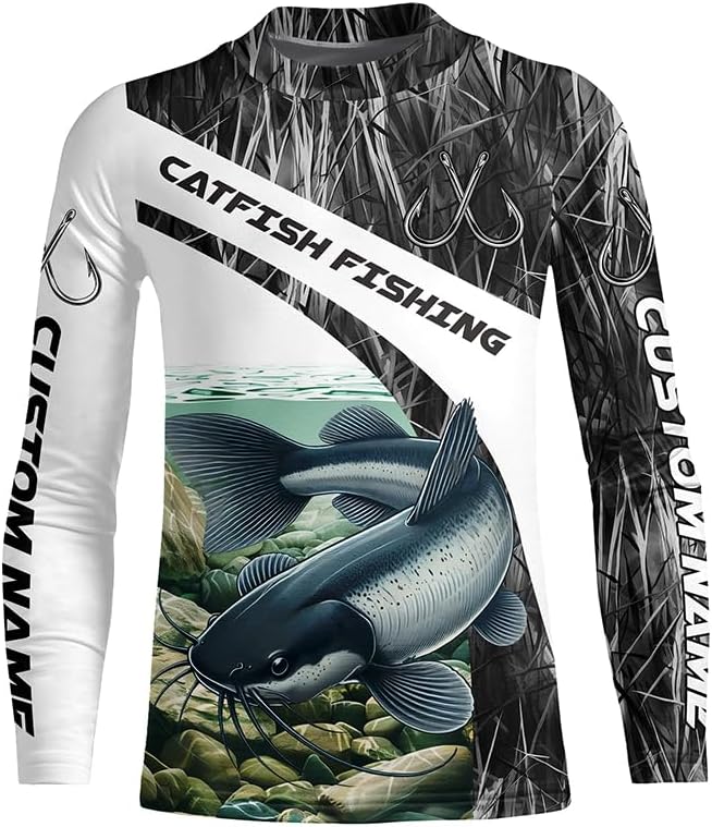 Gray Camo Custom Catfish Fishing Long Sleeve Fishing Shirts, Catfish Fishing Jerseys - Kid Long Sleeves Upf