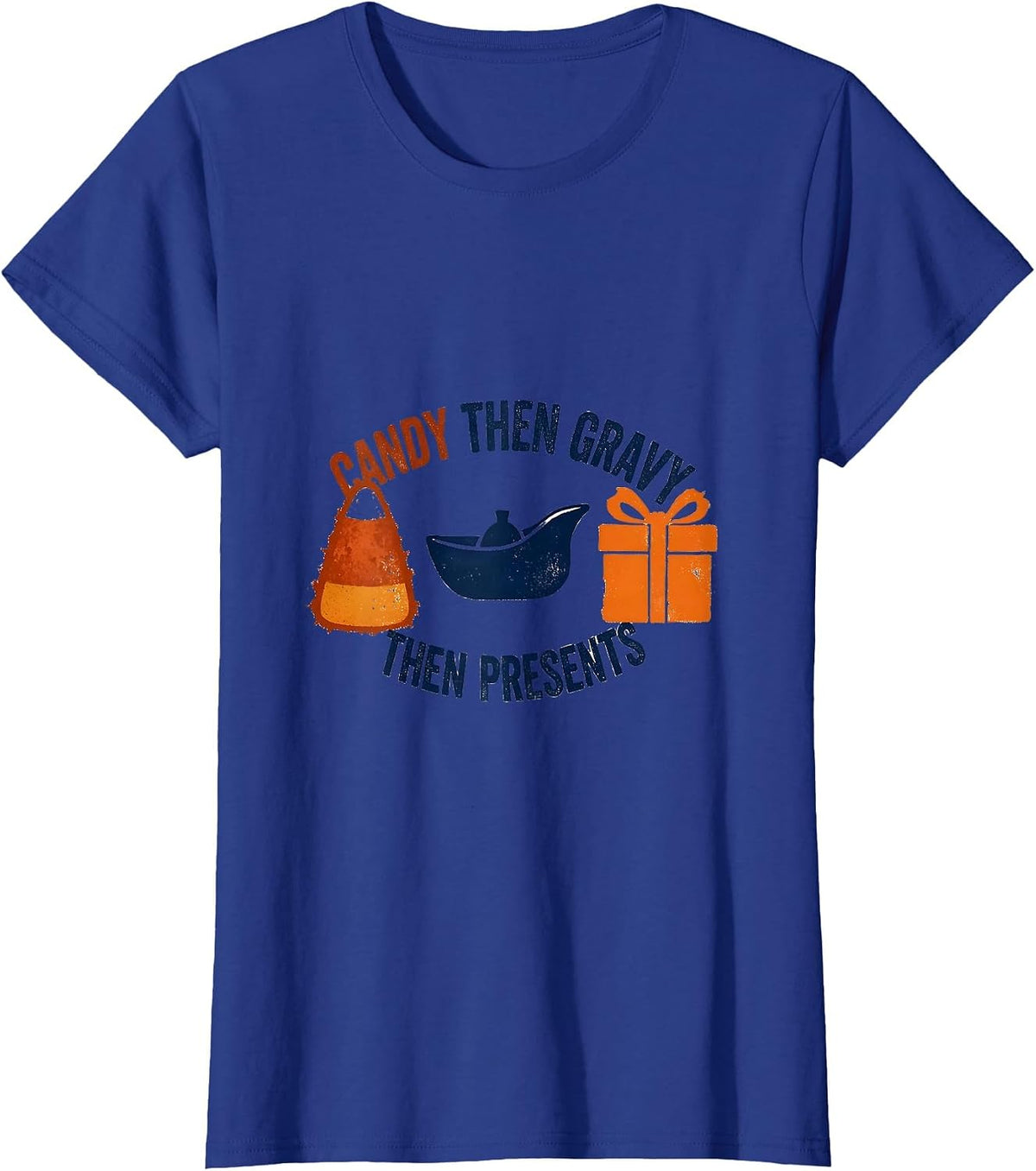 Women's Candy Then Gravy Then Presents Rubber Stamp Tri-Holiday T-Shirt - Royal Blue