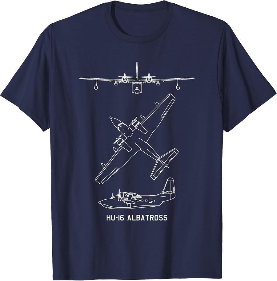 HU-16 Albatross American Seaplane Blueprints T-Shirt - Navy Blue