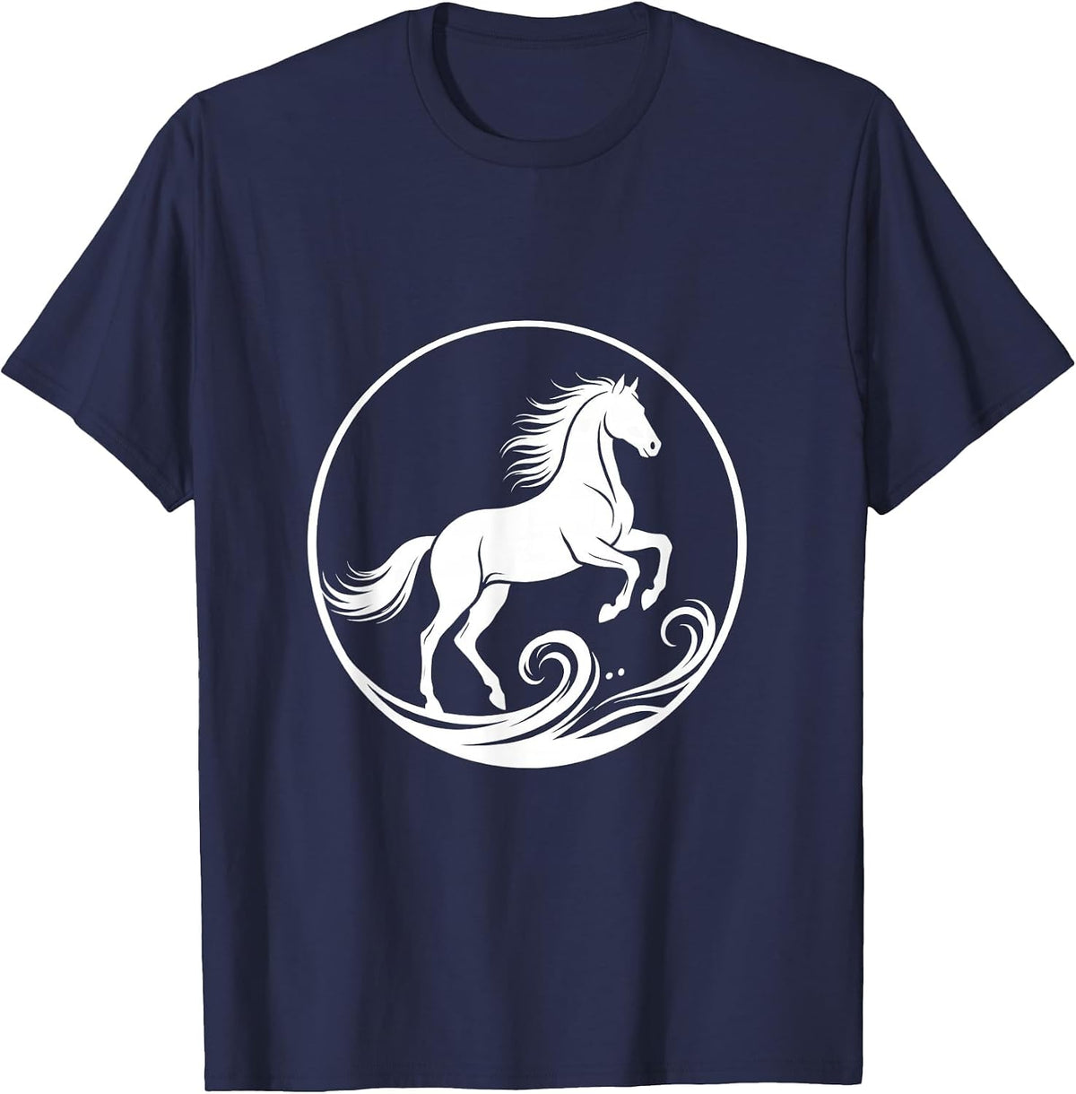 White Horse Galloping Ocean Waves Freedom Design T-Shirt - Navy Blue