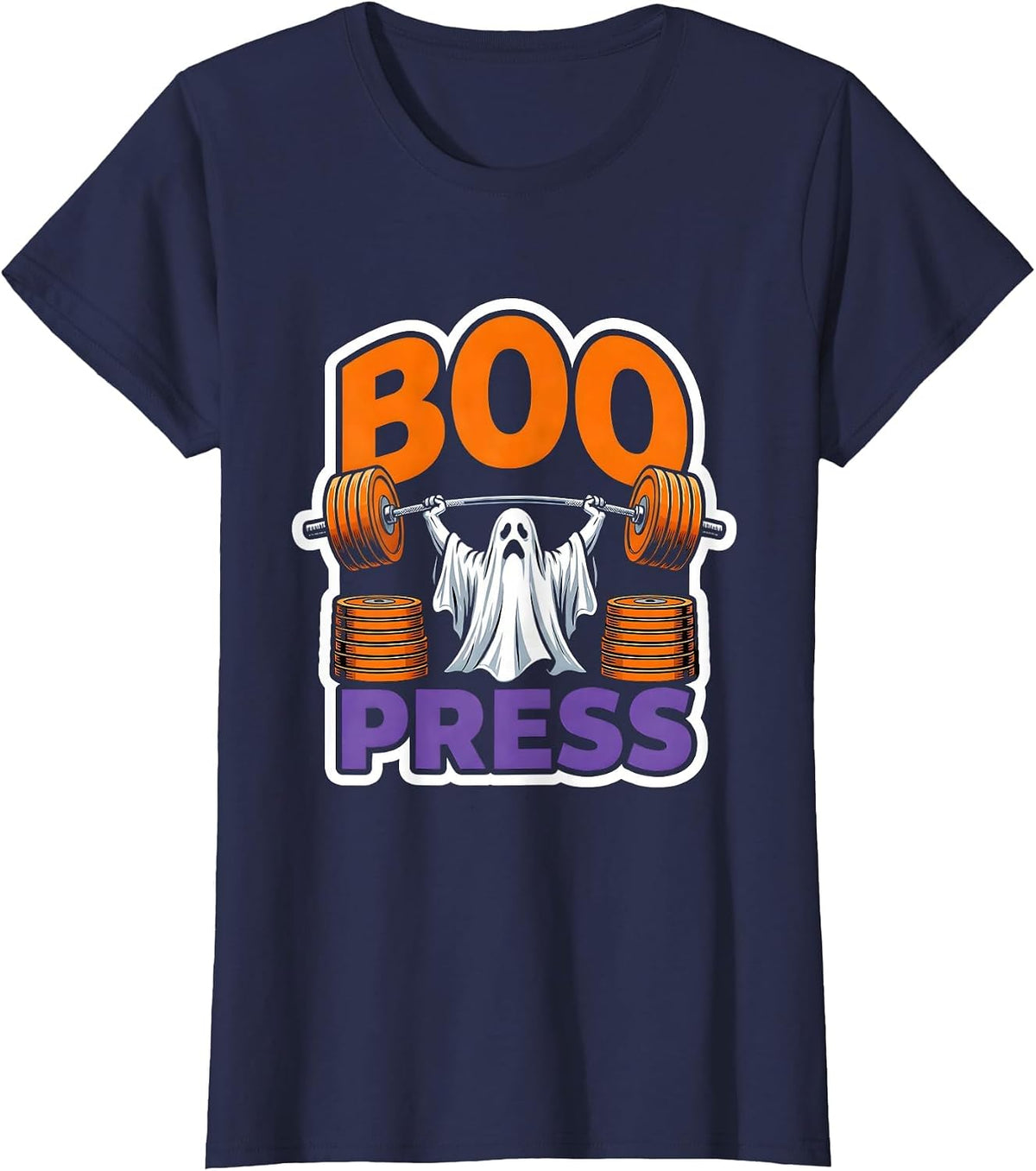 Women's Boo Press Funny Ghost Weight Lifting Gym Workout Halloween T-Shirt - Navy Blue