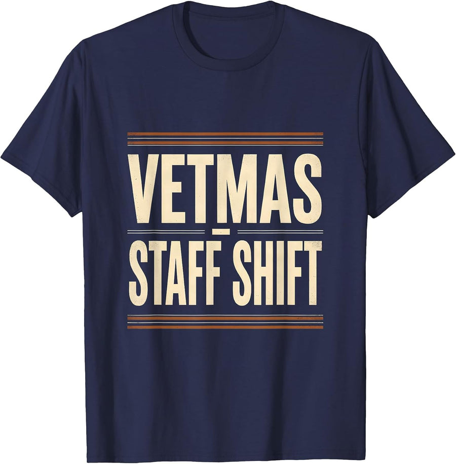 Vetmas Staff Shift Funny Vet Tech Christmas Veterinary Crew T-Shirt - Navy Blue