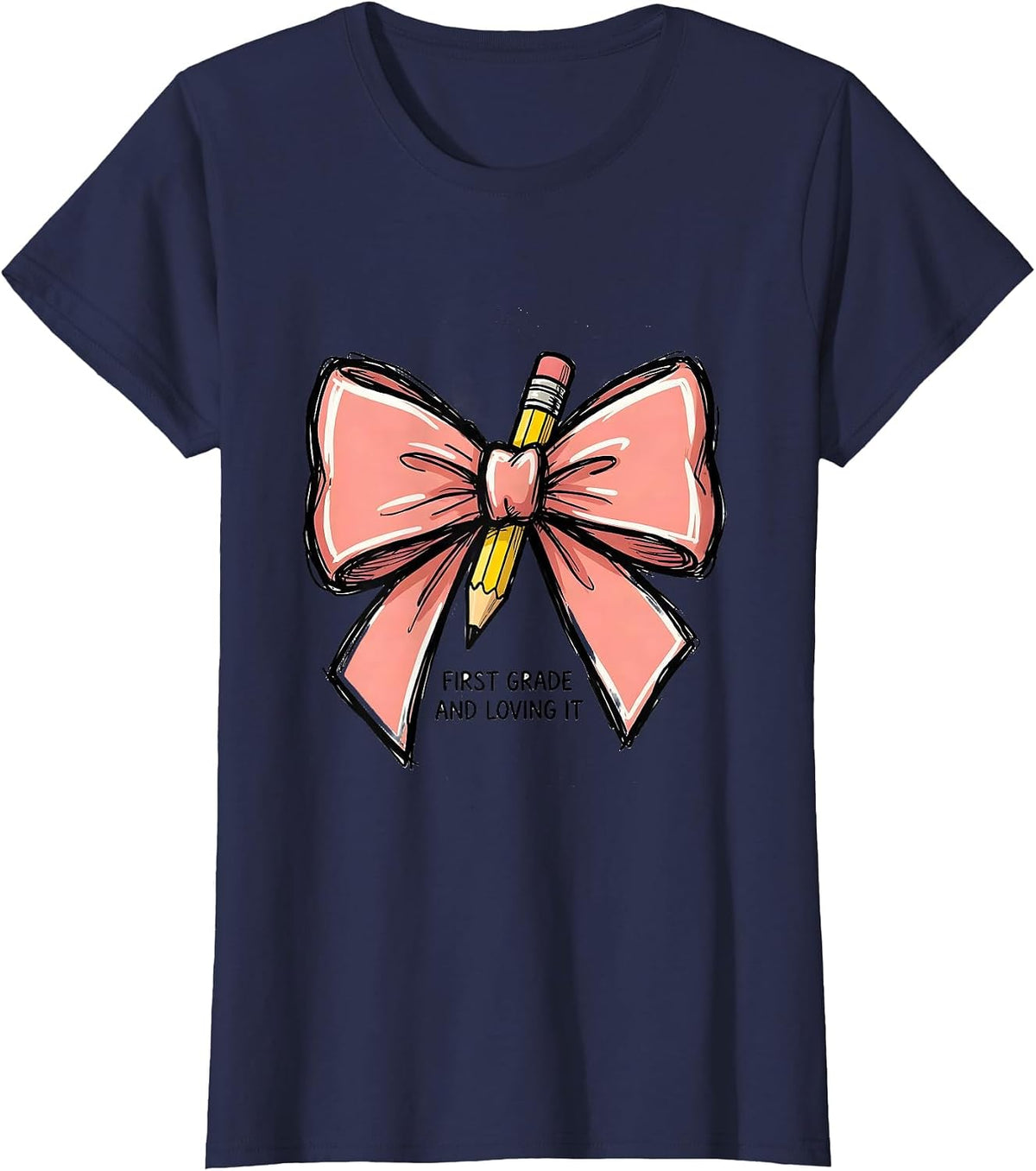 Women's First Grade And Loving It Cute Coquette Bow Back to School T-Shirt - Navy Blue