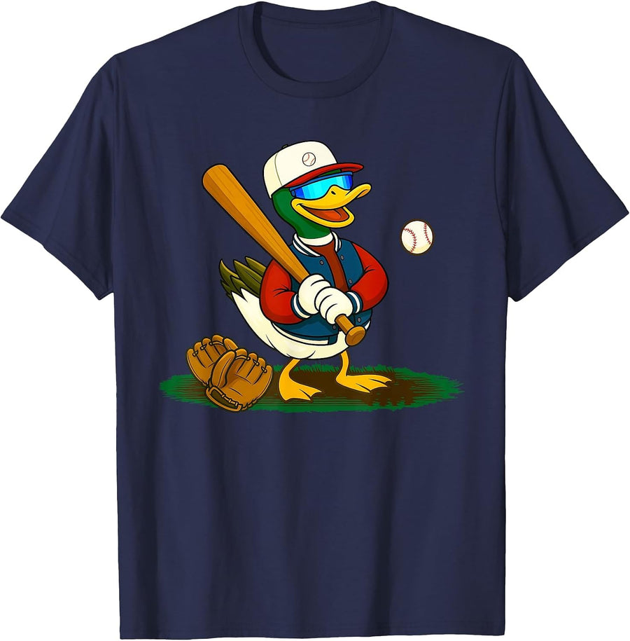 Baseball Lover Game Day Vibes Mallard Duck Playing Baseball T-Shirt - Navy Blue