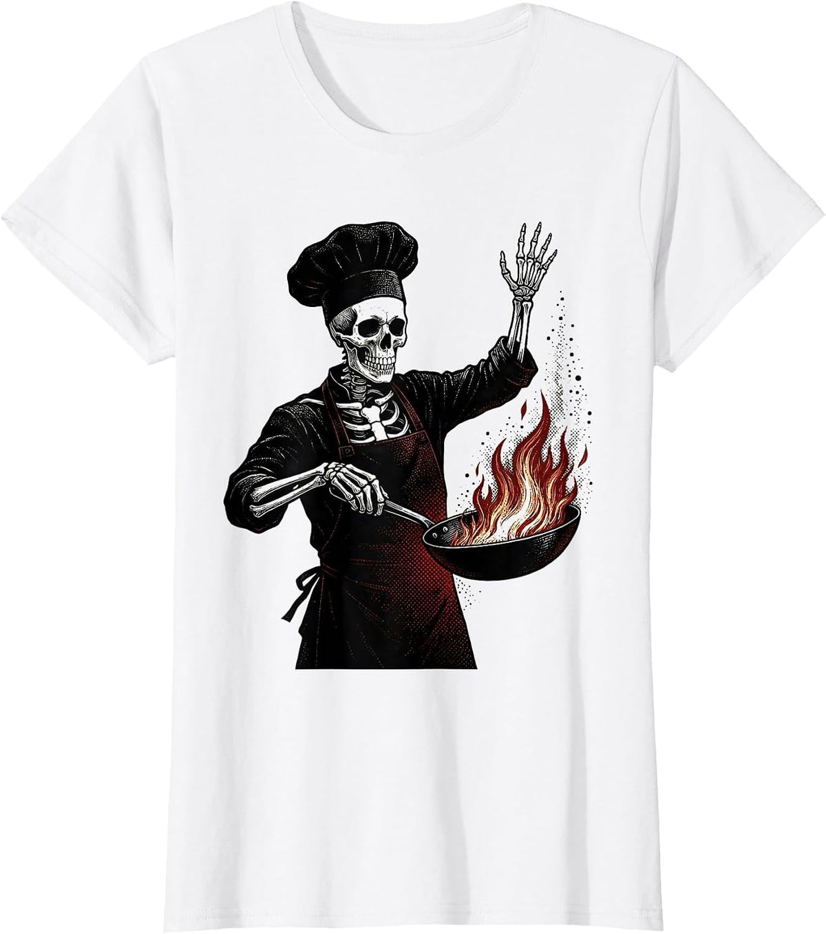 Skeleton Chef Flaming Skillet Cooking Graphic T-Shirt - White