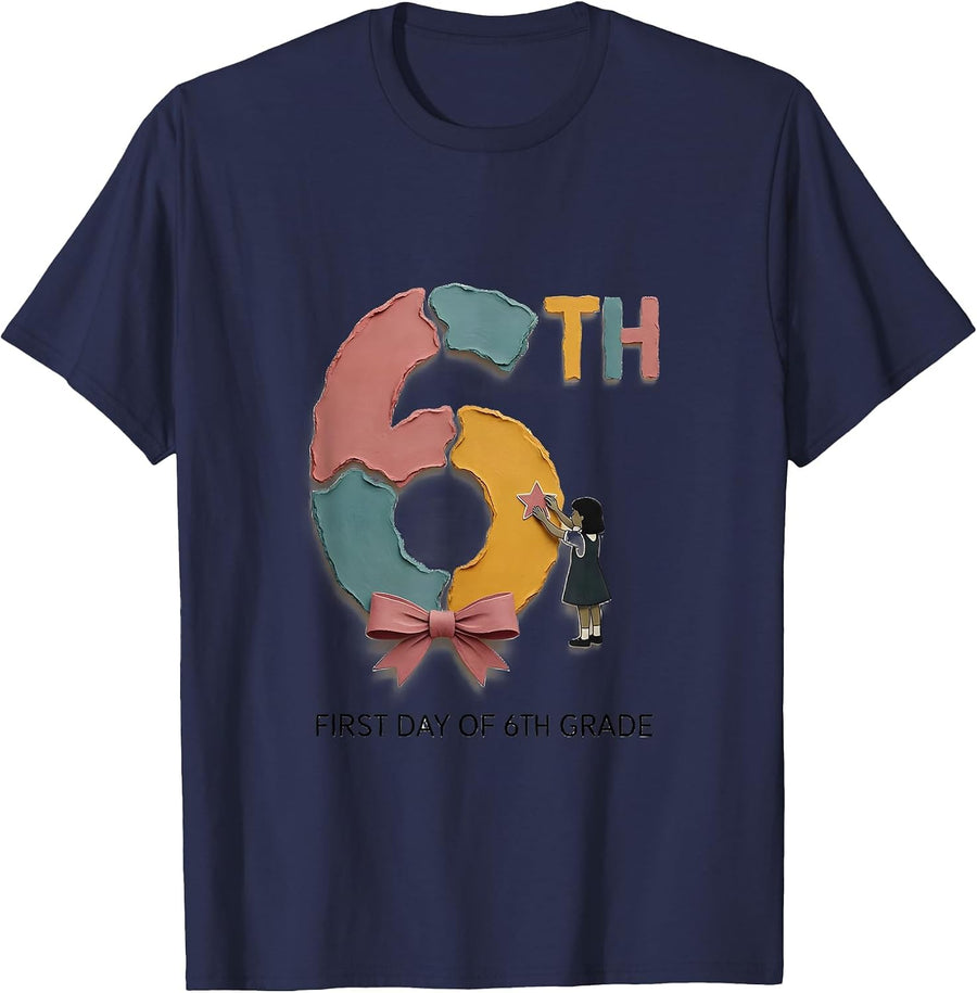 First Day Of 6th Grade Storybook Cute Girly Back To School T-Shirt - Navy Blue