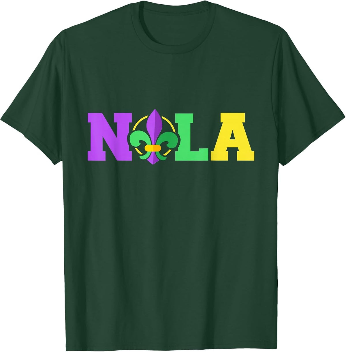 New Orleans Nola in Mardi Gras Colors and Fleur de lis T-Shirt - Dark Green