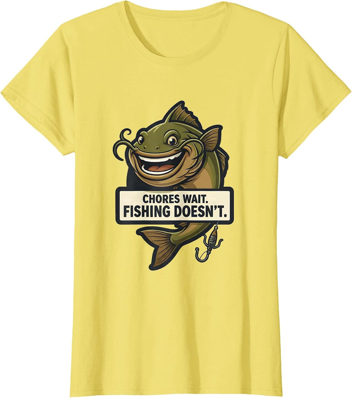 Chores Wait. Fishing Doesn't. Funny Fishing Humor Fisherman T-Shirt - Lemon Yellow