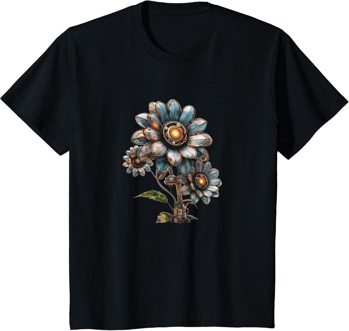 Steampunk Flowers Vintage Art Men Women Kids Retro Flower T-Shirt - Black